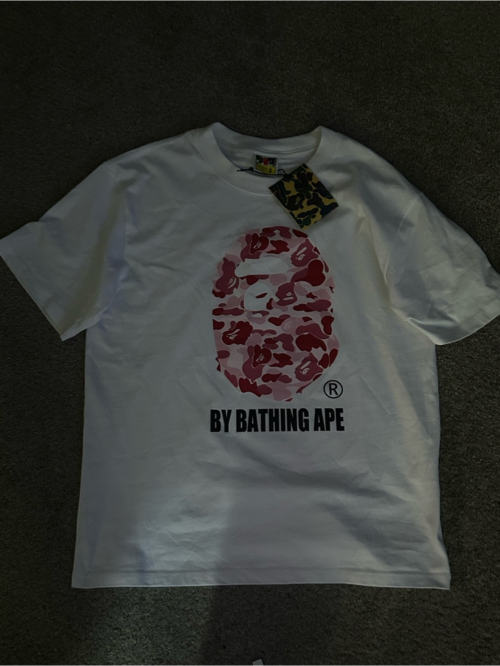 White Short-Sleeve T-Shirt with Pink Camo Ape Logo by A Bathing Ape